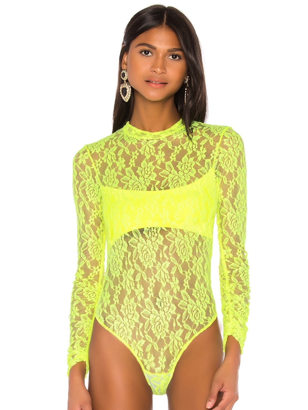 Jonathan Simkhai x Revolve Neon Yellow Lace Long Sleeve Bodysuit size Large - Picture 3 of 11